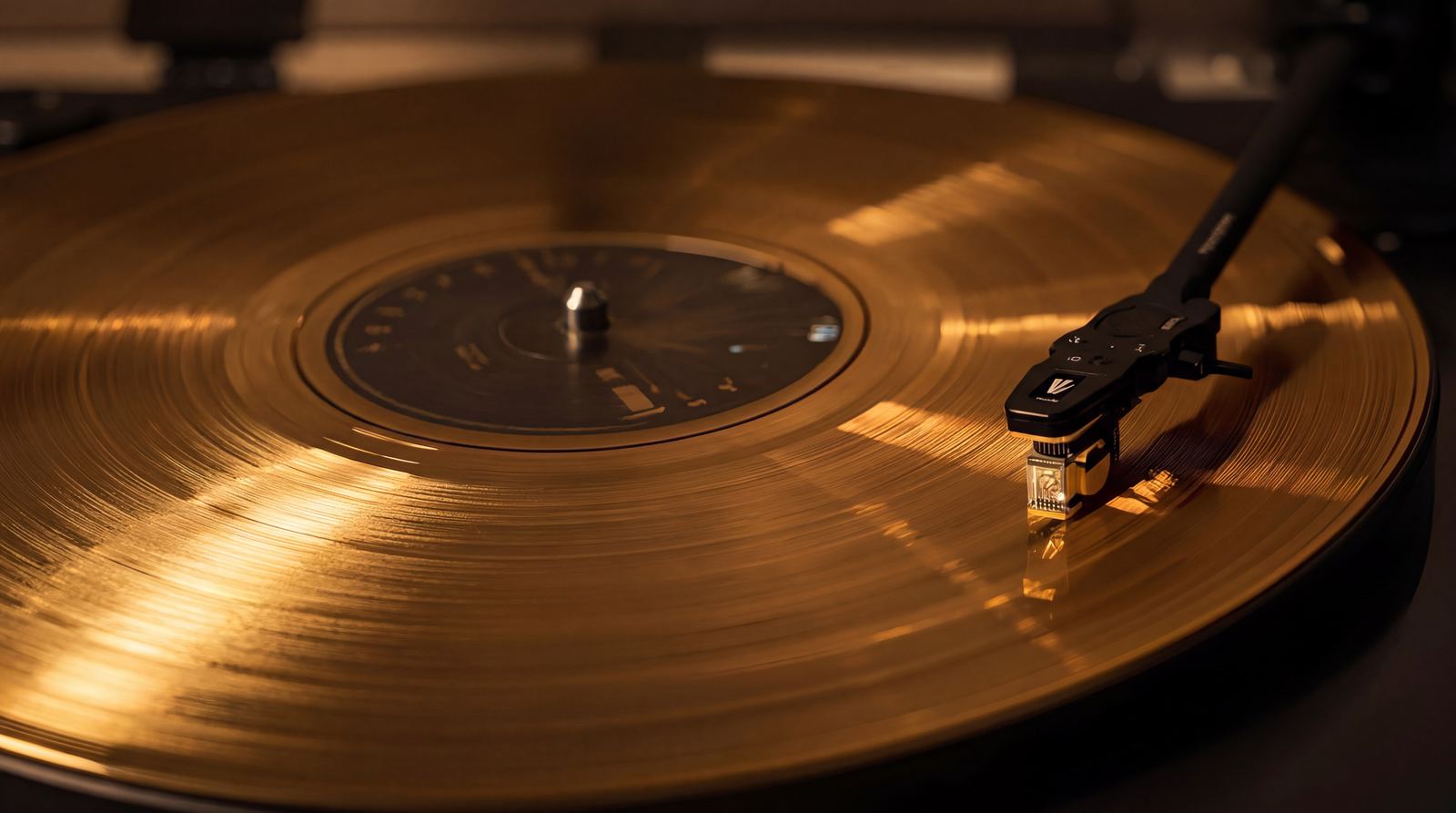 Gold vinyl record turning under the tonearm